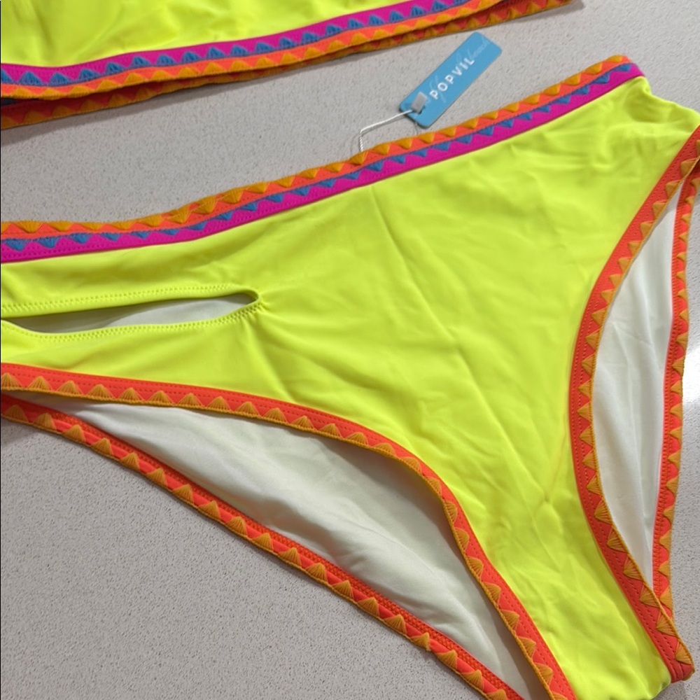 NWT Popvil Bright Yellow Bikini with Multicolor Trim with embroidery - Picture 3 of 8